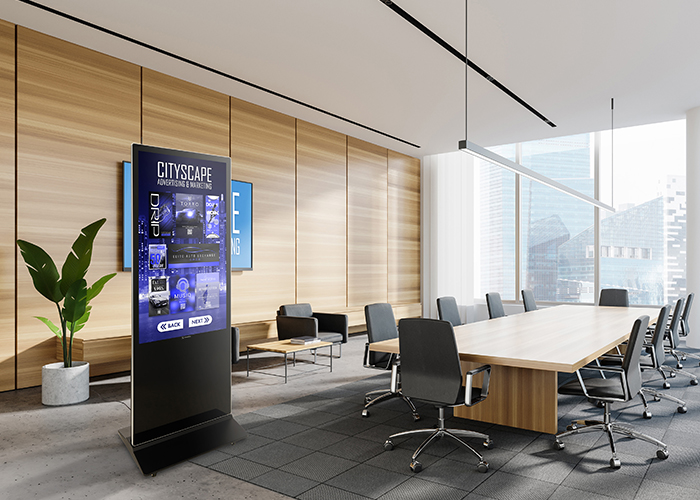interactive floor standing digital signage poster being used in a corporate boardroom
