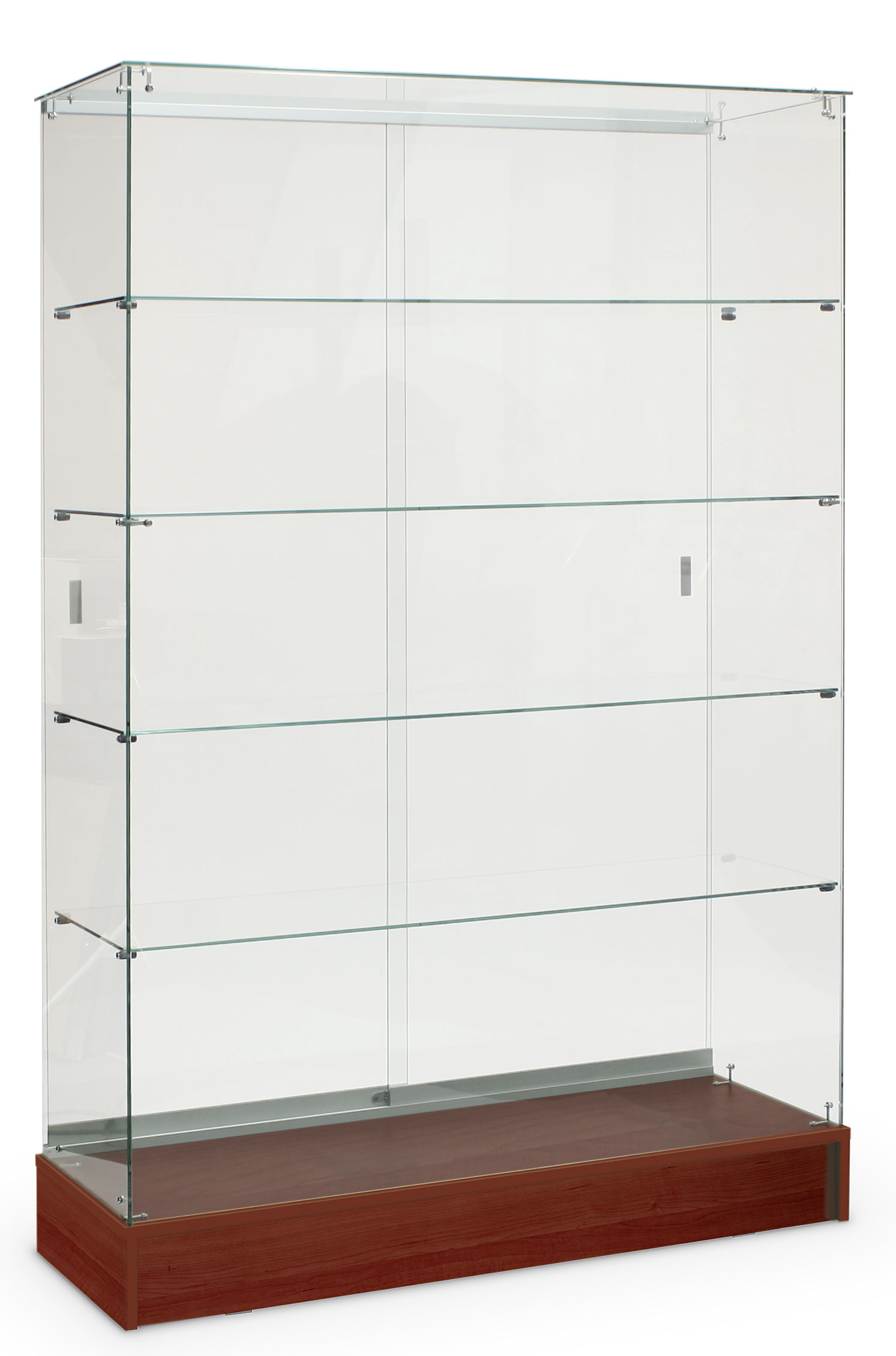 48" Glass Display Case w/ Sliding Doors, Fixed Shelves, Frameless - Cherry - Image 2
