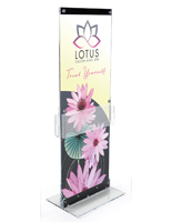 Large Printed Vertical Graphic on Floor Stand with Storage for Advertising