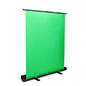 Retractable green screen banner stand features a chroma green backdrop
