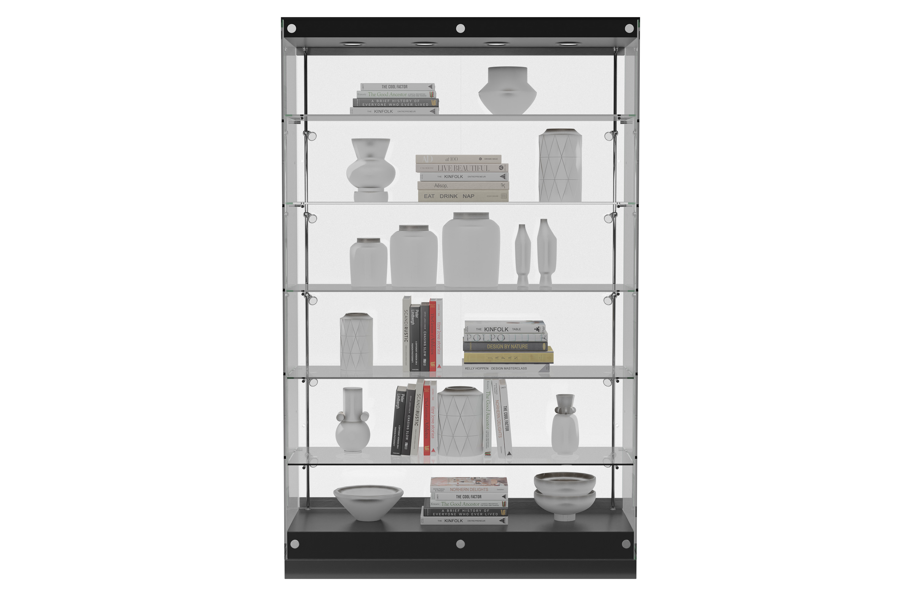 Displays2go 48 Inch Glass Display Case, Nine LED Lights, Four Shelves,  Lockable Hinged Doors - Black (LESC4816BK)