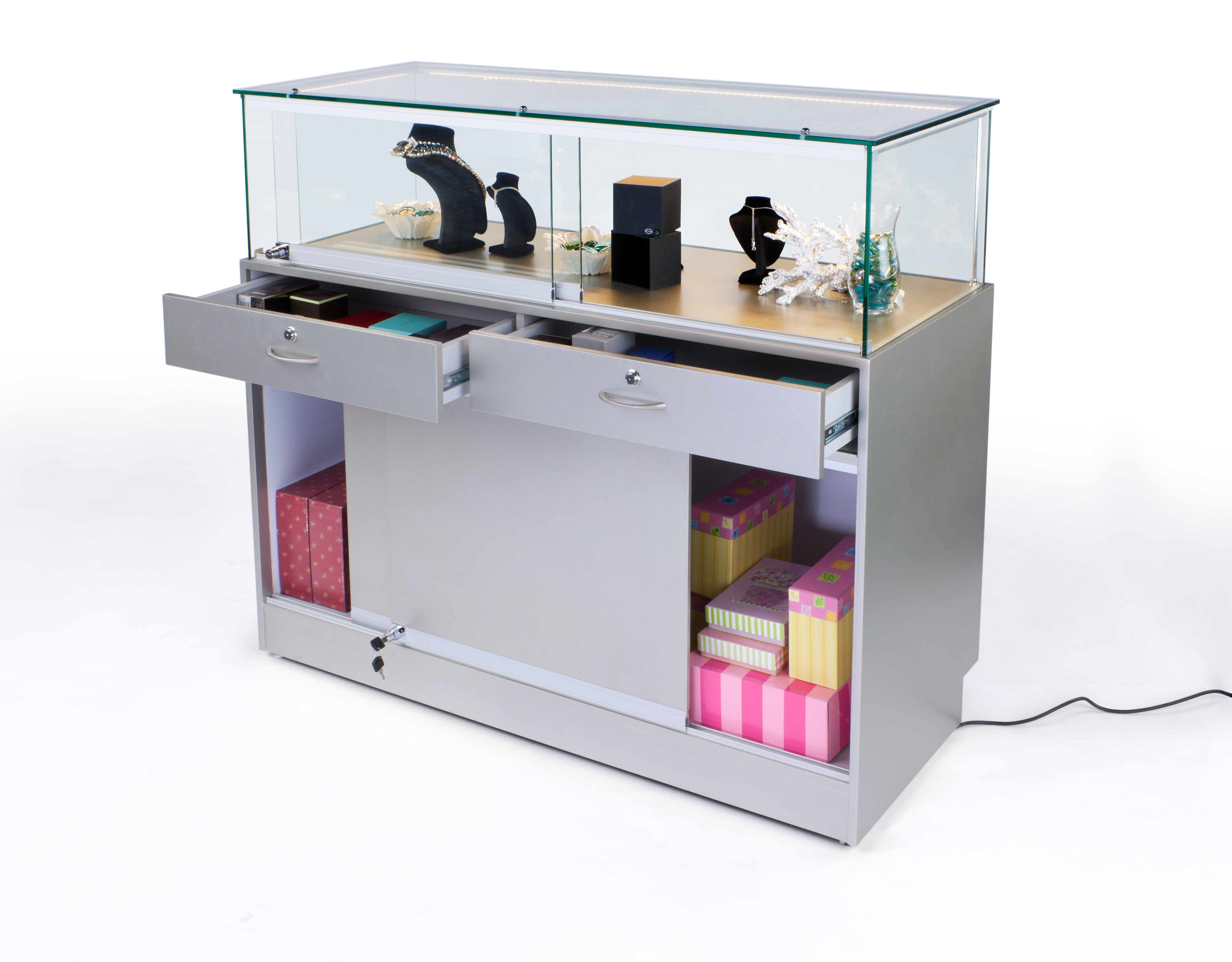 48" Quarter Vision Display Case w/Cabinets and Drawers, Ships Assembled - Silver - Image 2