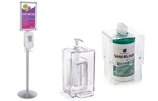 Hand sanitizer containers and floor stands