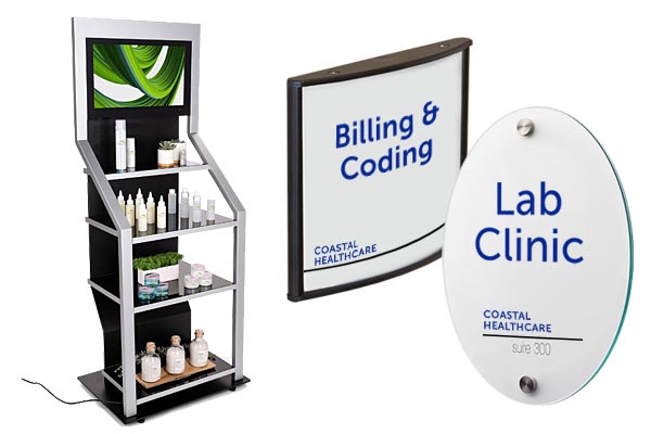 Merchandising fixtures, workstations, and information displays for wellness practitioners, hospitals, and independent healthcare providers
