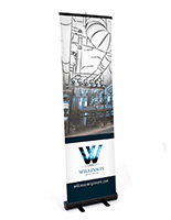 Budget narrow base retractable banner stand with floor standing placement