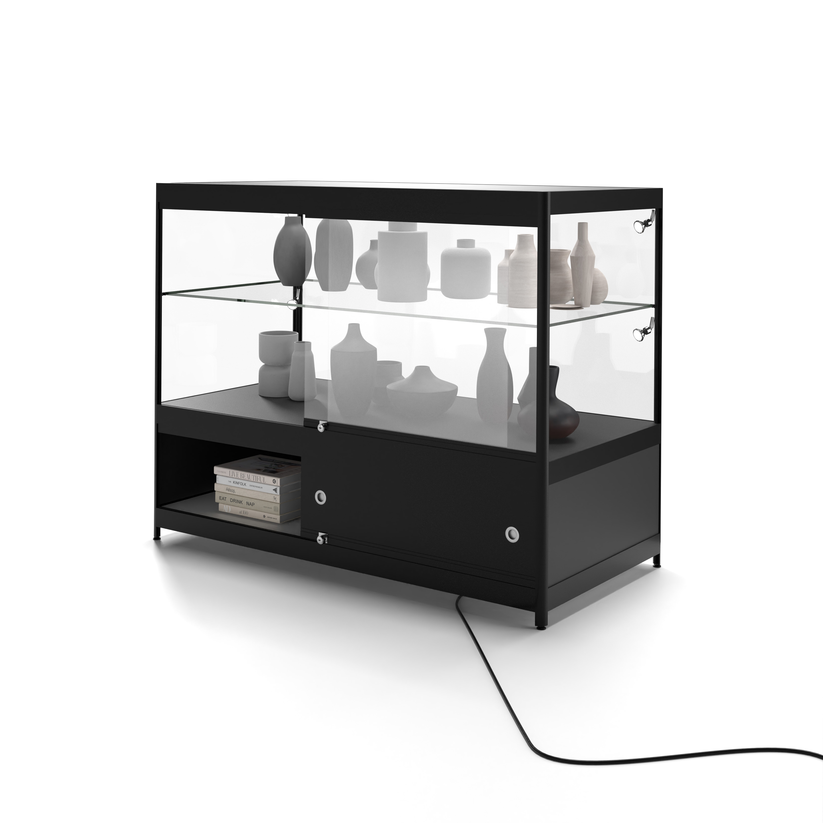 48" Retail Display Case w/Storage, LED Side Lights, Sliding Door - Black - Image 8