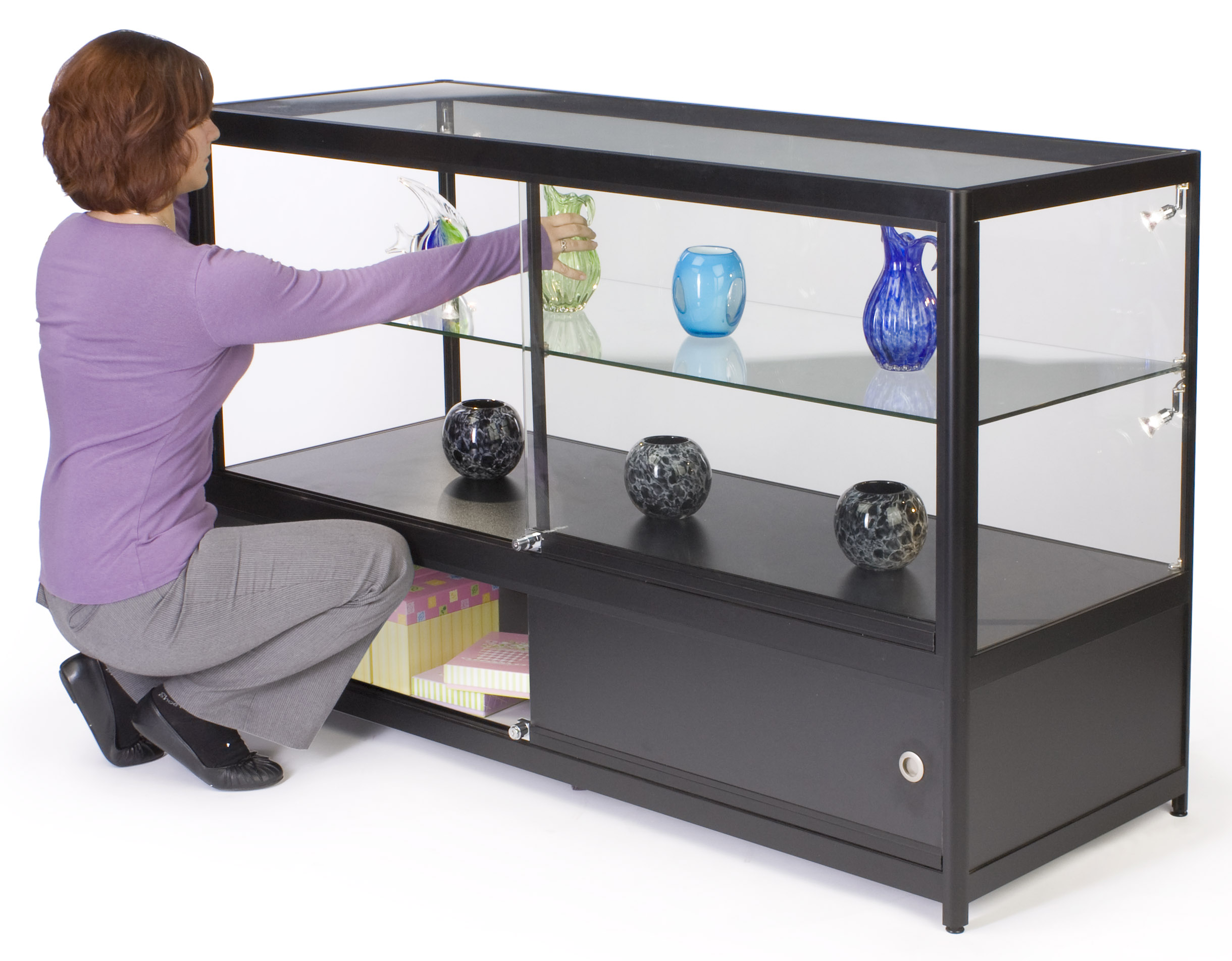 60" Retail Display Case w/ Storage, LED Side Lights, Sliding Door - Black - Image 10