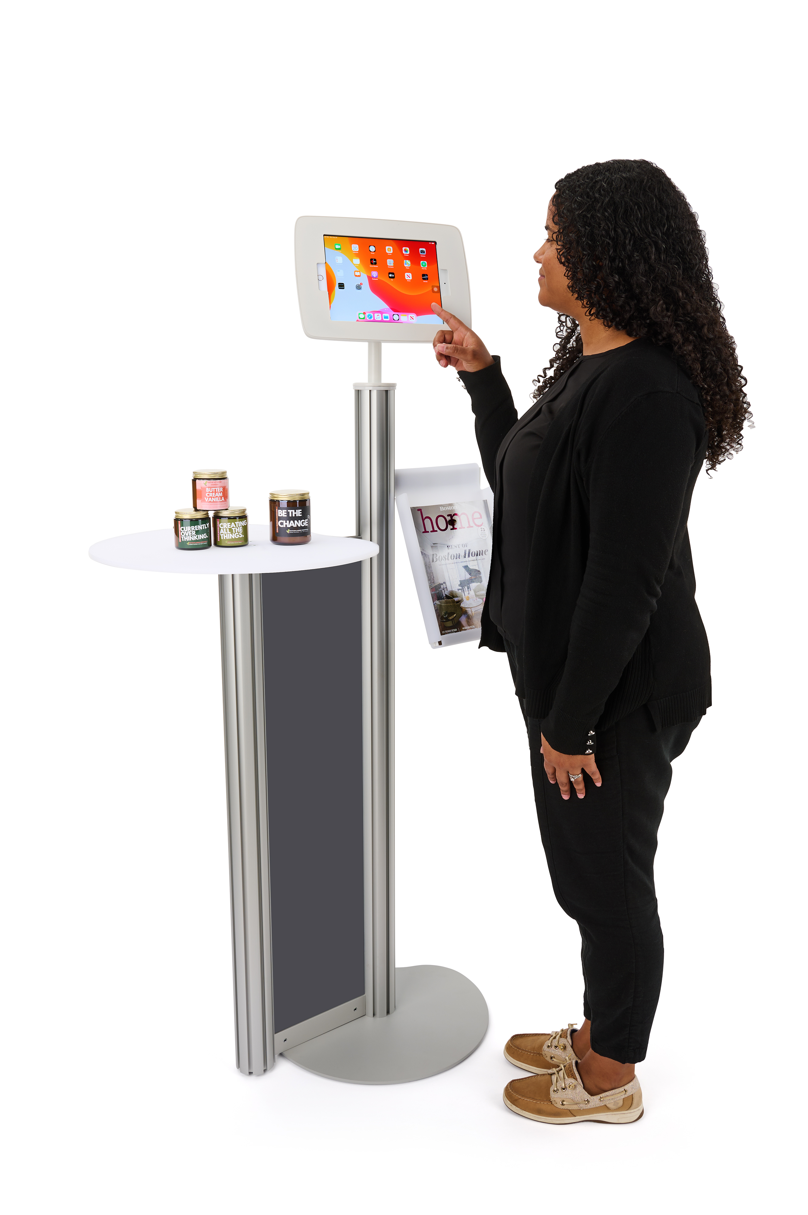 iPad Floor Stand w/ Locking Enclosure & Acrylic Tabletop, Magazine Pocket - Silver - Image 7