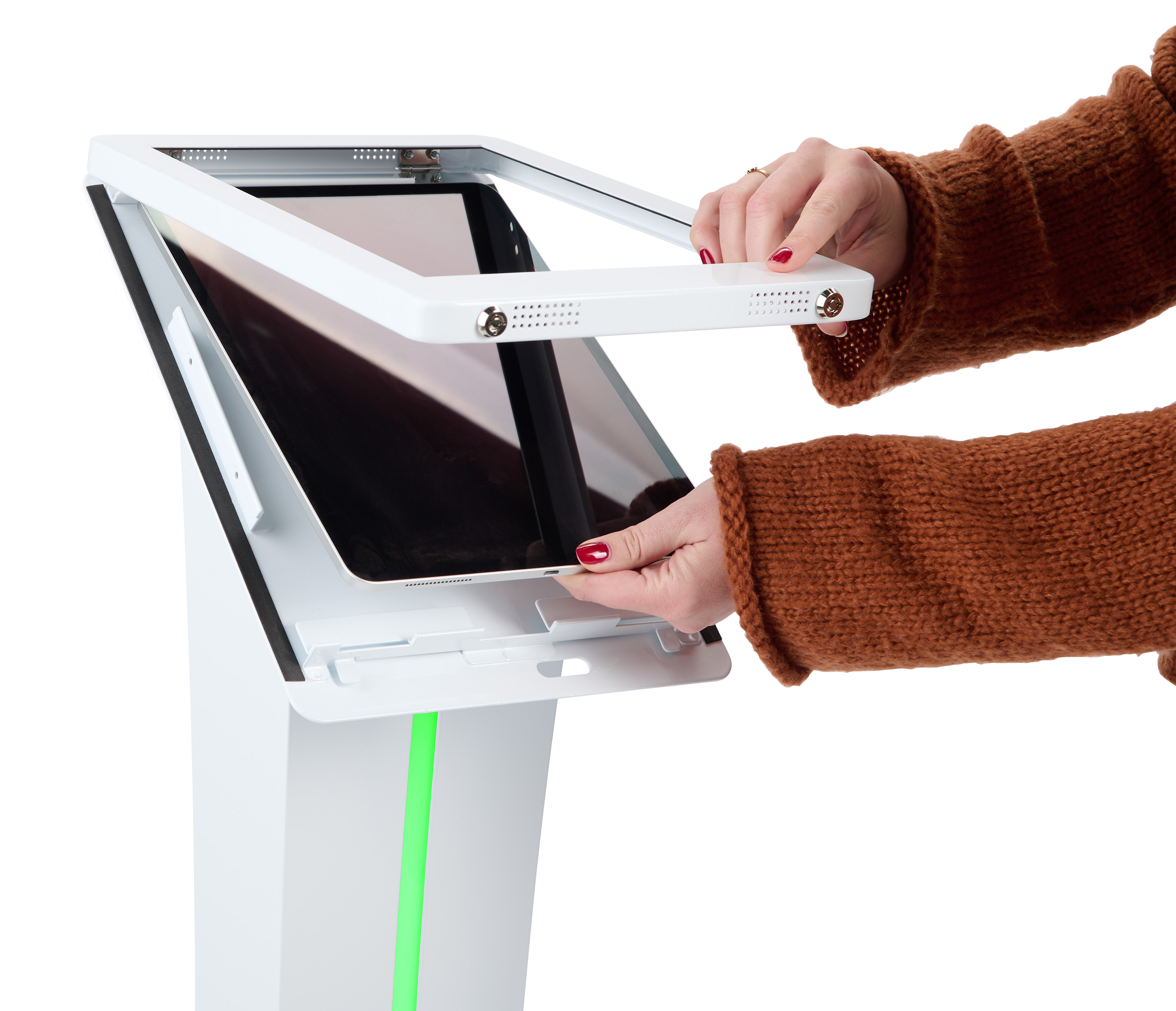 iPad Floor Stand with Rotating, Locking Enclosure, Illuminated LED Panel - White - Image 8