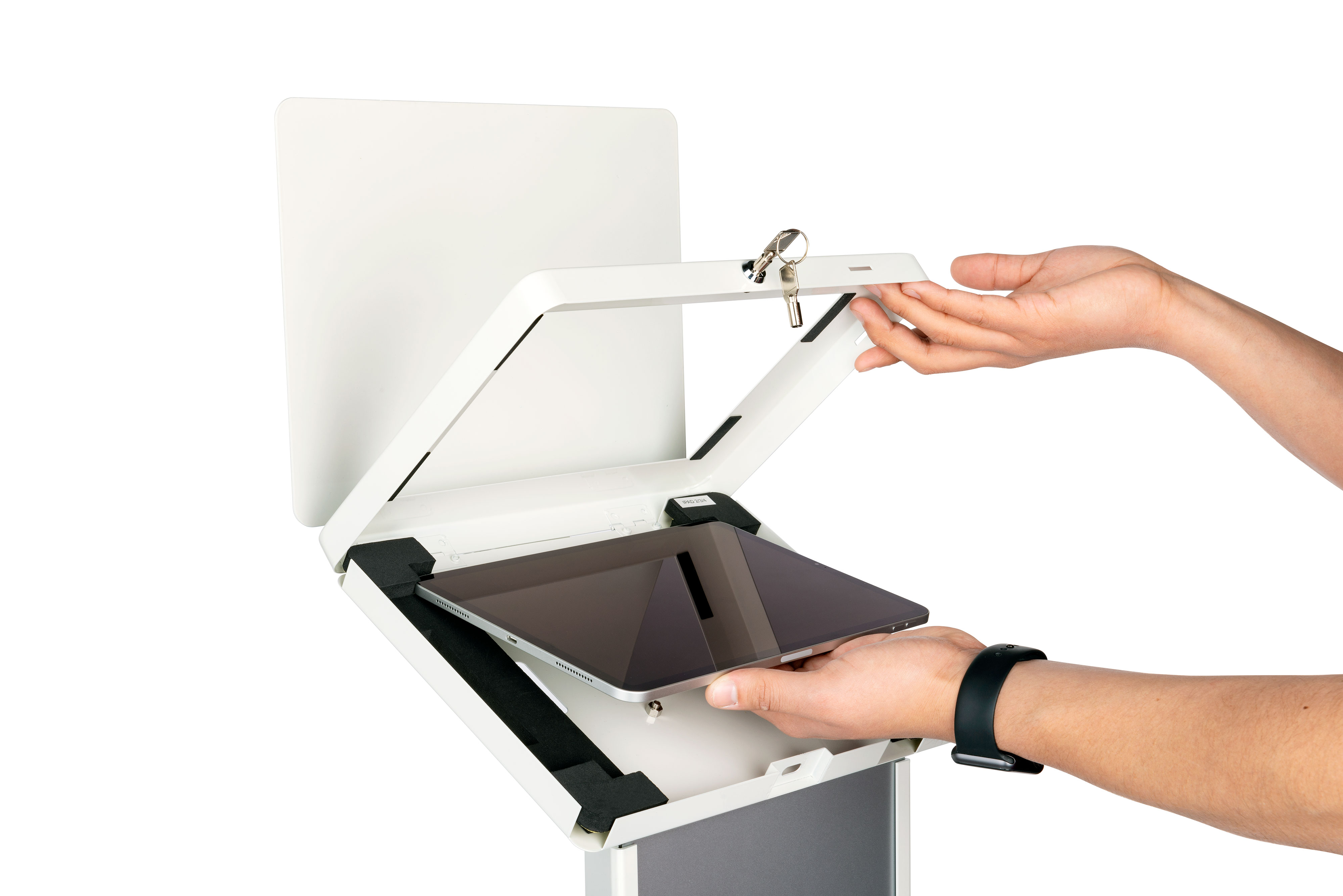 Tablet Floor Stand with Locking Enclosure and Sign Holder - Image 7