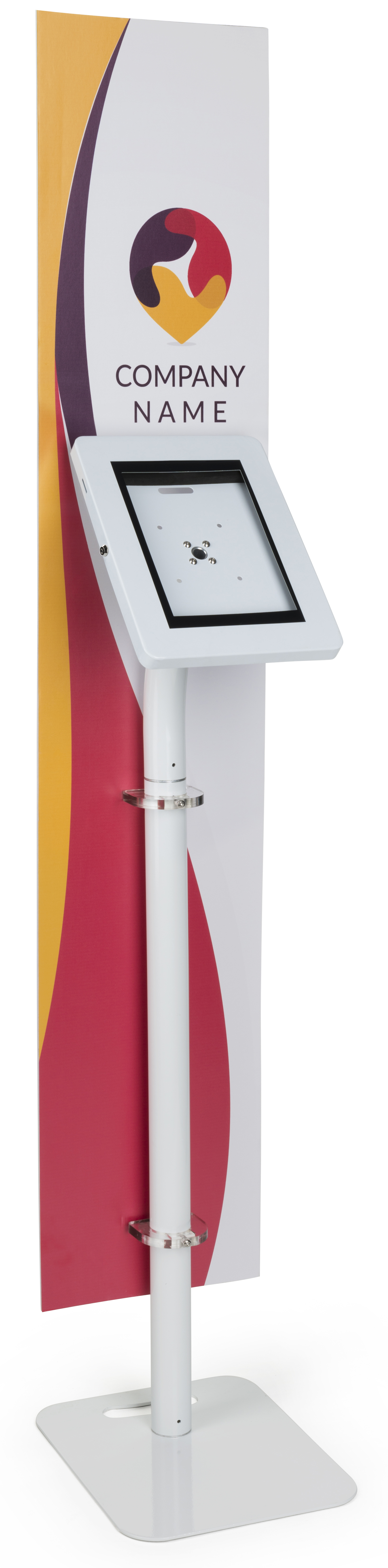 iPad Tablet Floor Stand with Custom Banner, Locking & Rotating Enclosure - White - Image 2