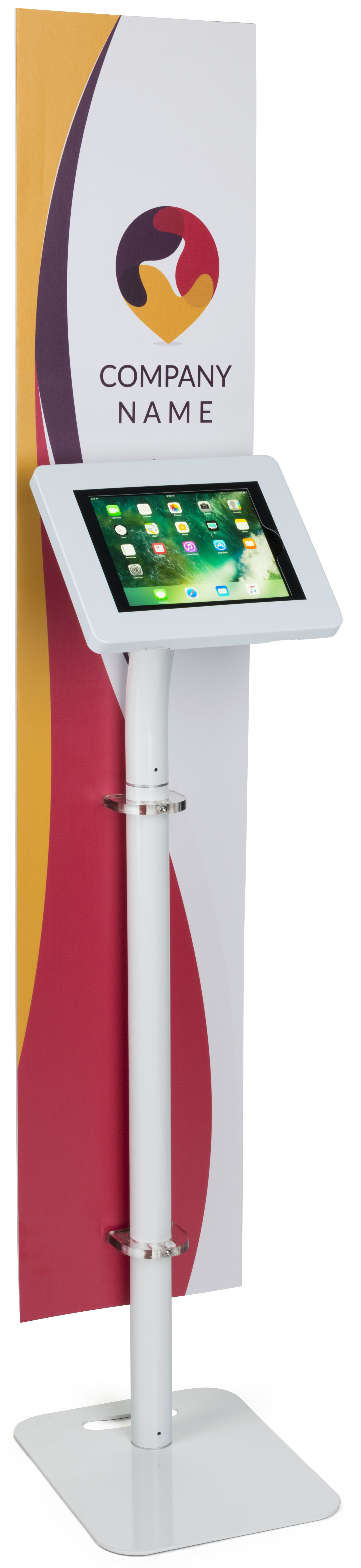 iPad Tablet Floor Stand with Custom Banner, Locking & Rotating Enclosure - White - Image 3