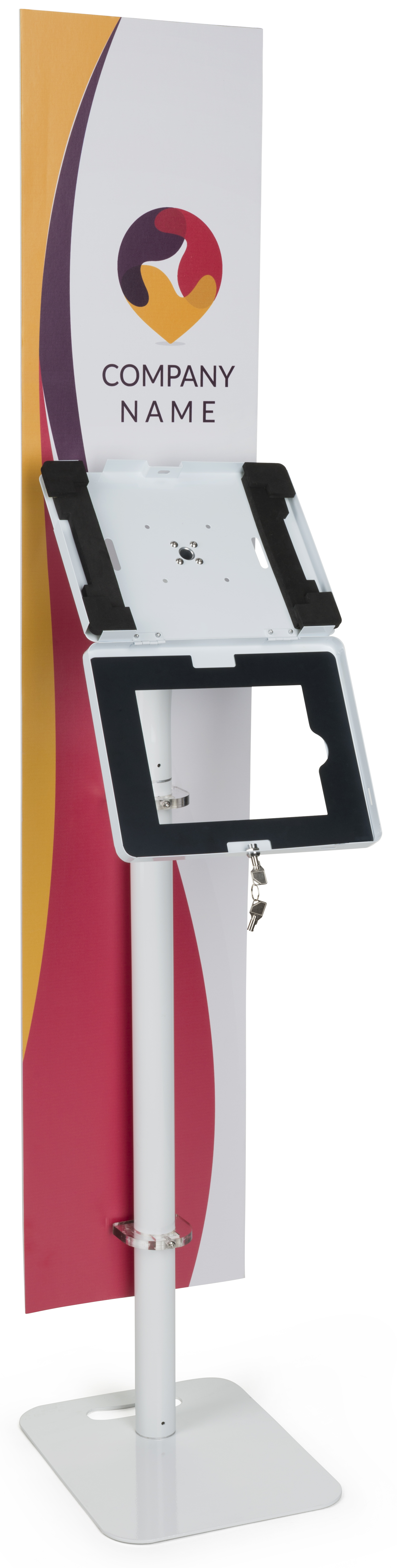 iPad Tablet Floor Stand with Custom Banner, Locking & Rotating Enclosure - White - Image 5