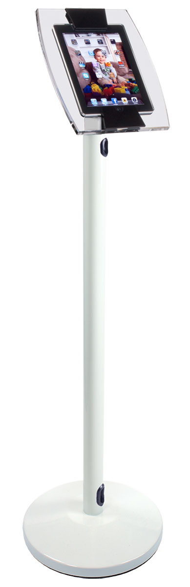 iPad Mini Floor Stand w/ Acrylic Enclosure, Rotating & Cord Management - White