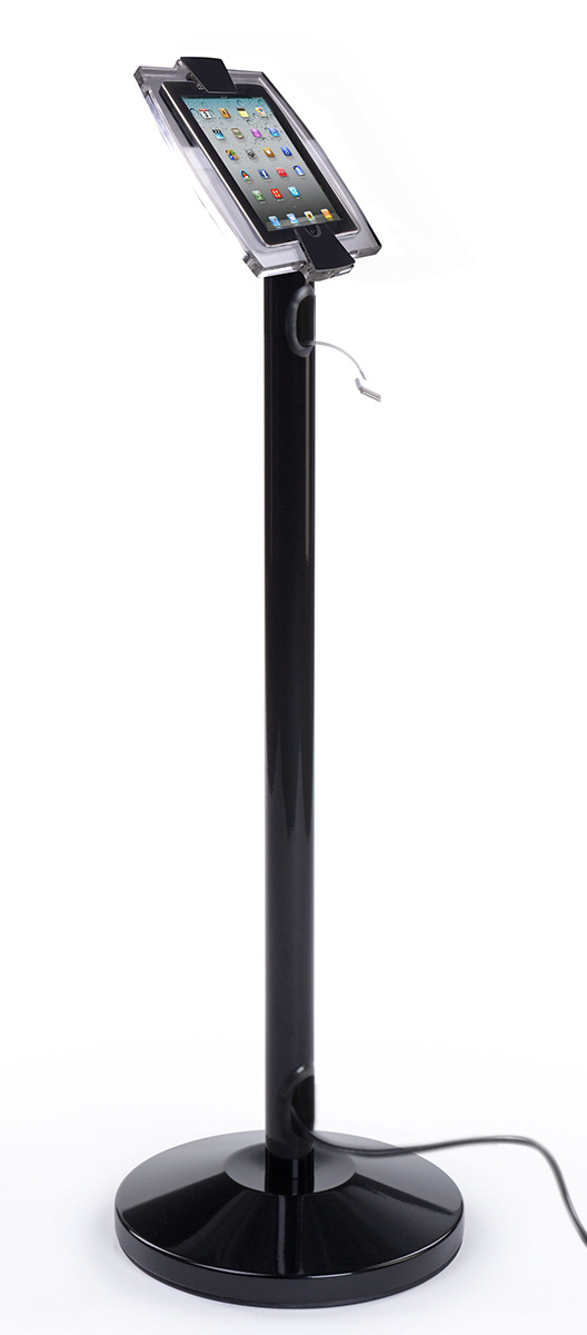 iPad Mini Floor Stand with Acrylic Enclosure, Rotating & Cord Management - Black - Image 2