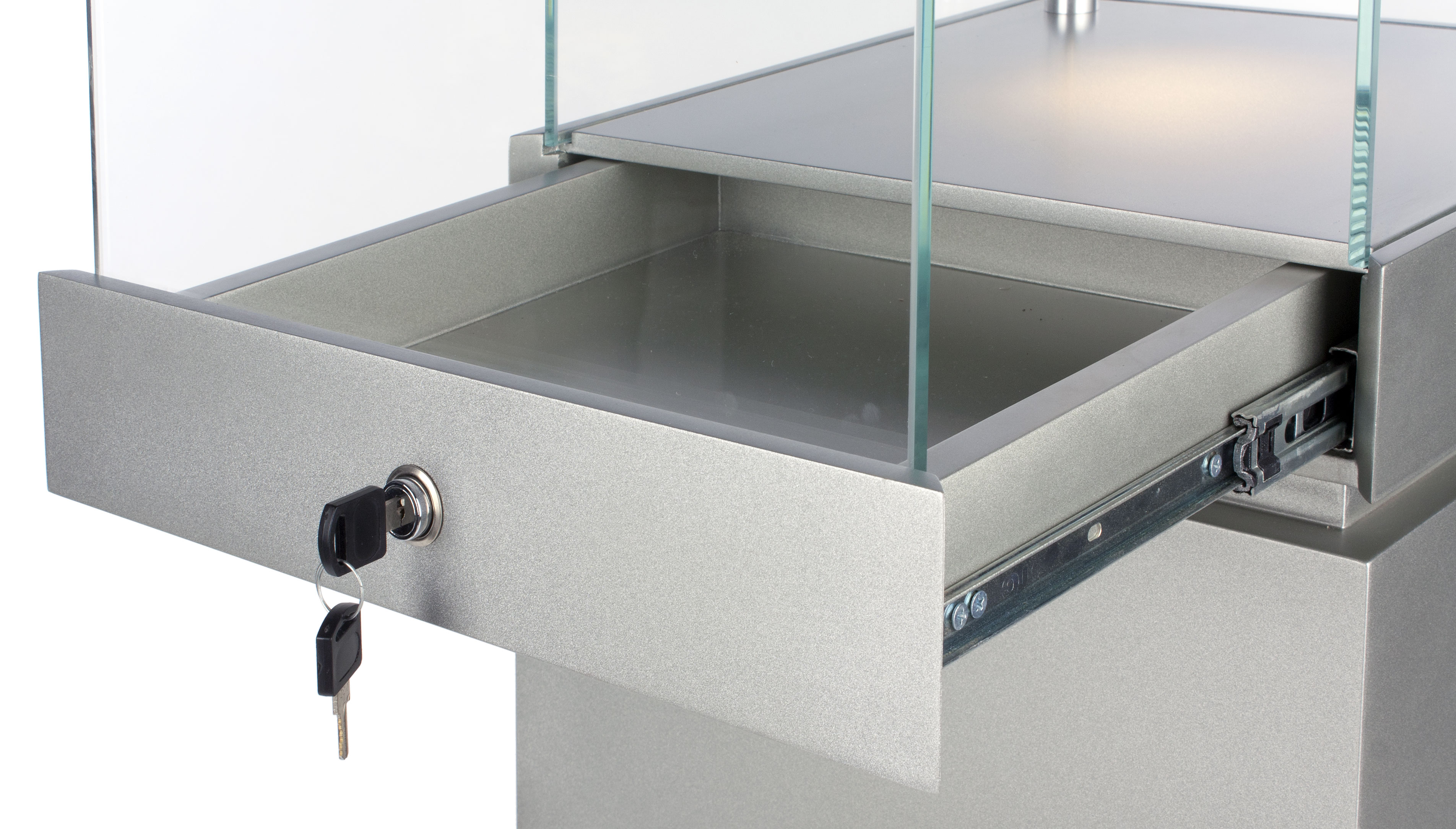 16" Pedestal Display Case w/ Cabinet Base, Locking Drawer, LED Spotlights - Silver - Image 4