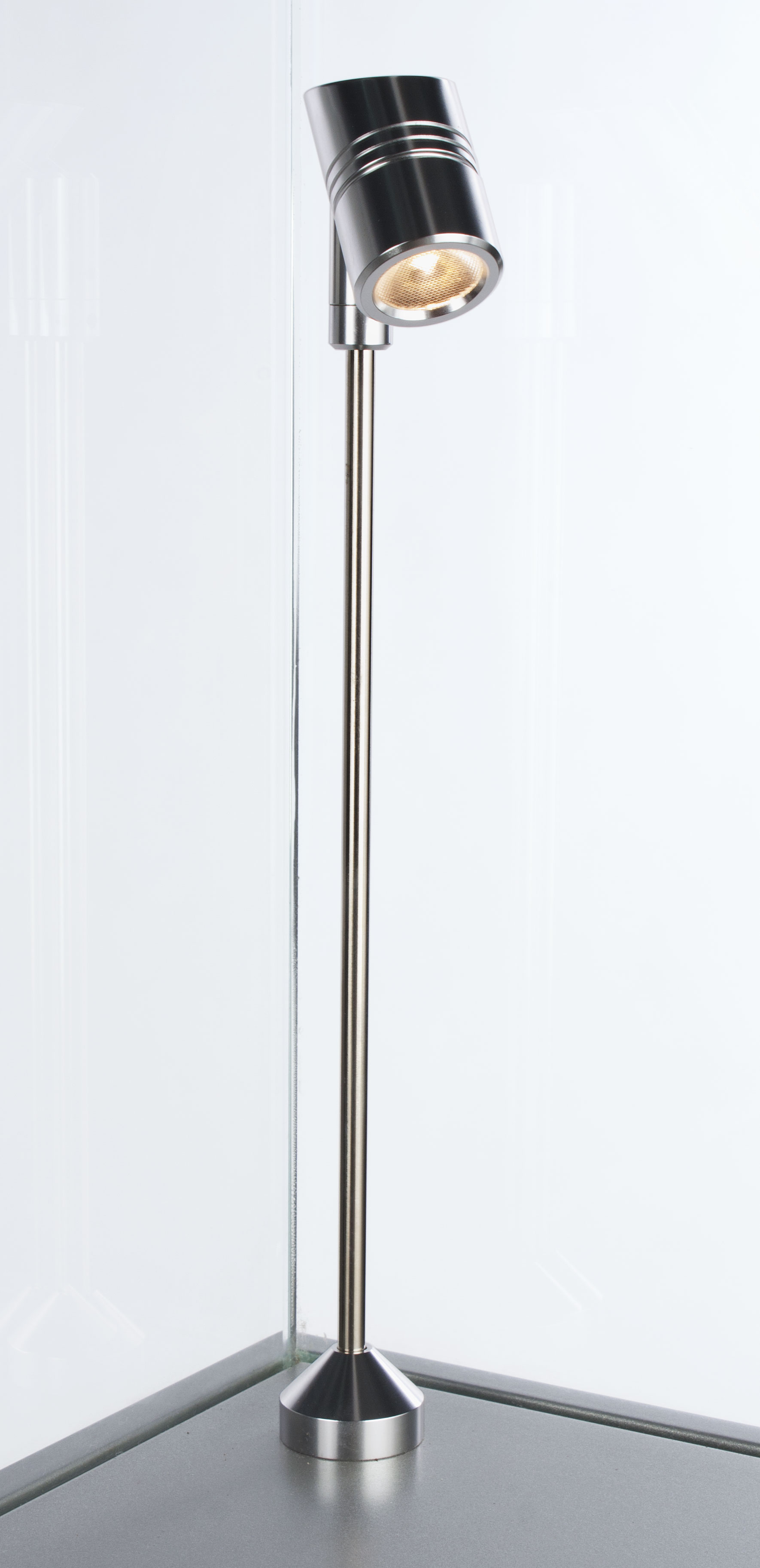 16" Pedestal Display Case w/ Cabinet Base, Locking Drawer, LED Spotlights - Silver - Image 6