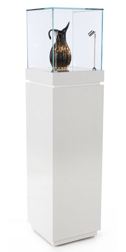 16" Pedestal Display Case w/ Cabinet Base, Locking Drawer, LED Spotlights - White - Image 2