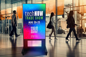 A mobile digital kiosk advertising a trade show event is displayed out in front of a convention hall.