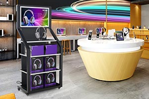 A digital kiosk with merchandise shelves displays products in a retail store.