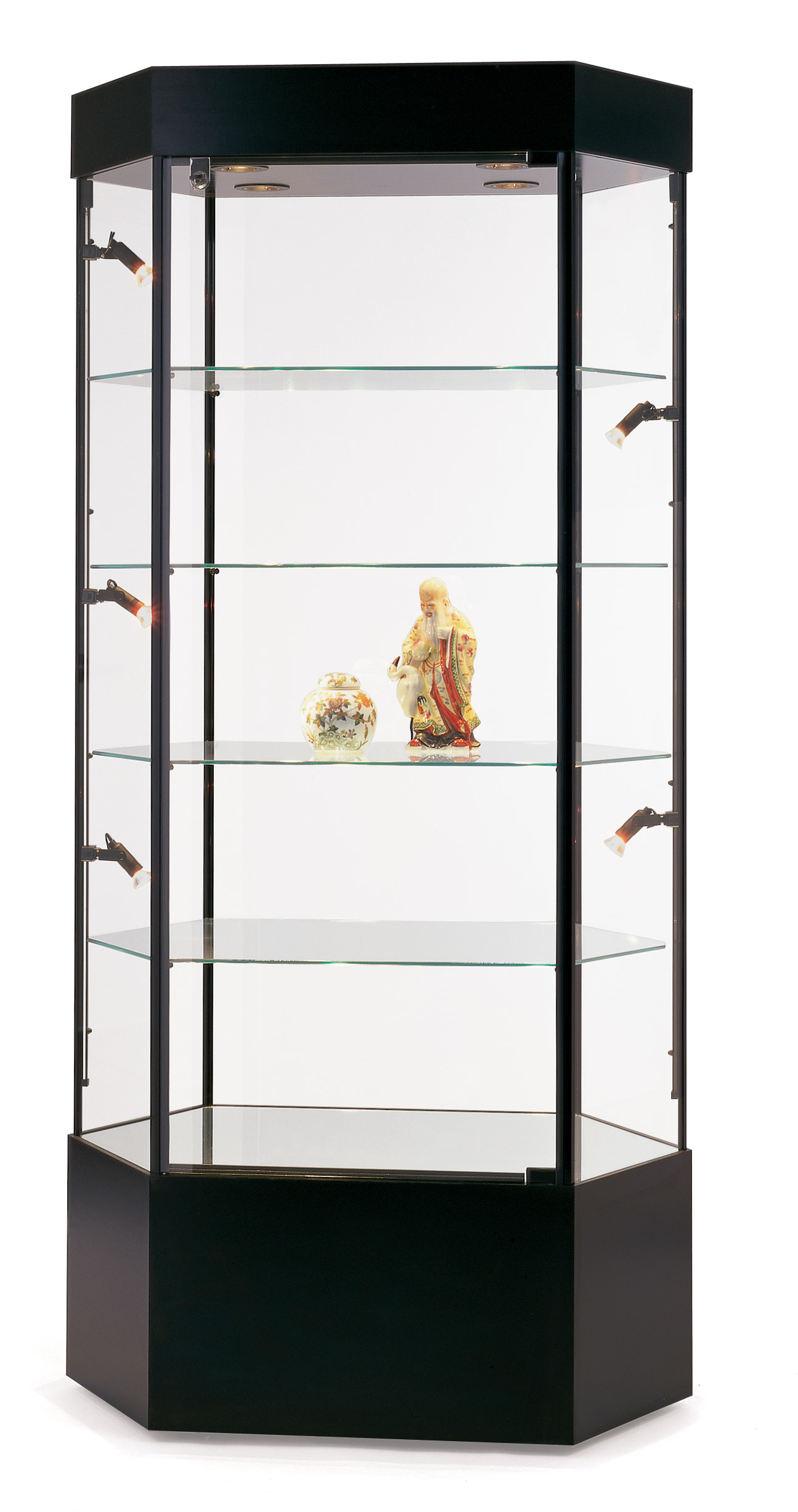 Reflecting Display Case Hexagonal Display Case | Black Finish & 9 Spotlights | Displays2Go