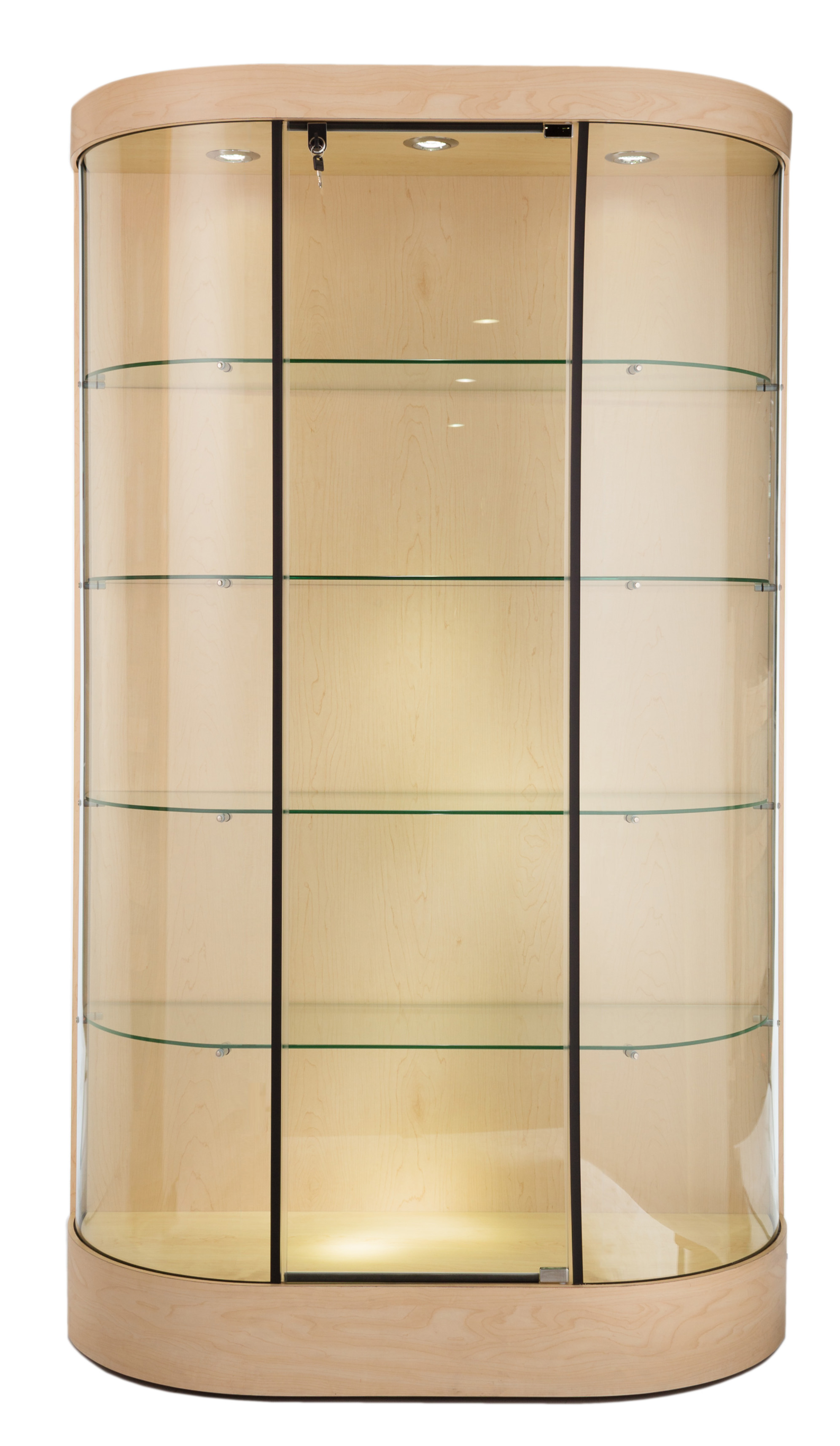 Curved Case | Maple Laminate Finish & Overhead Lighting | Displays2Go