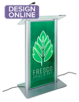 Custom LED clear acrylic lectern featuring personalized graphic