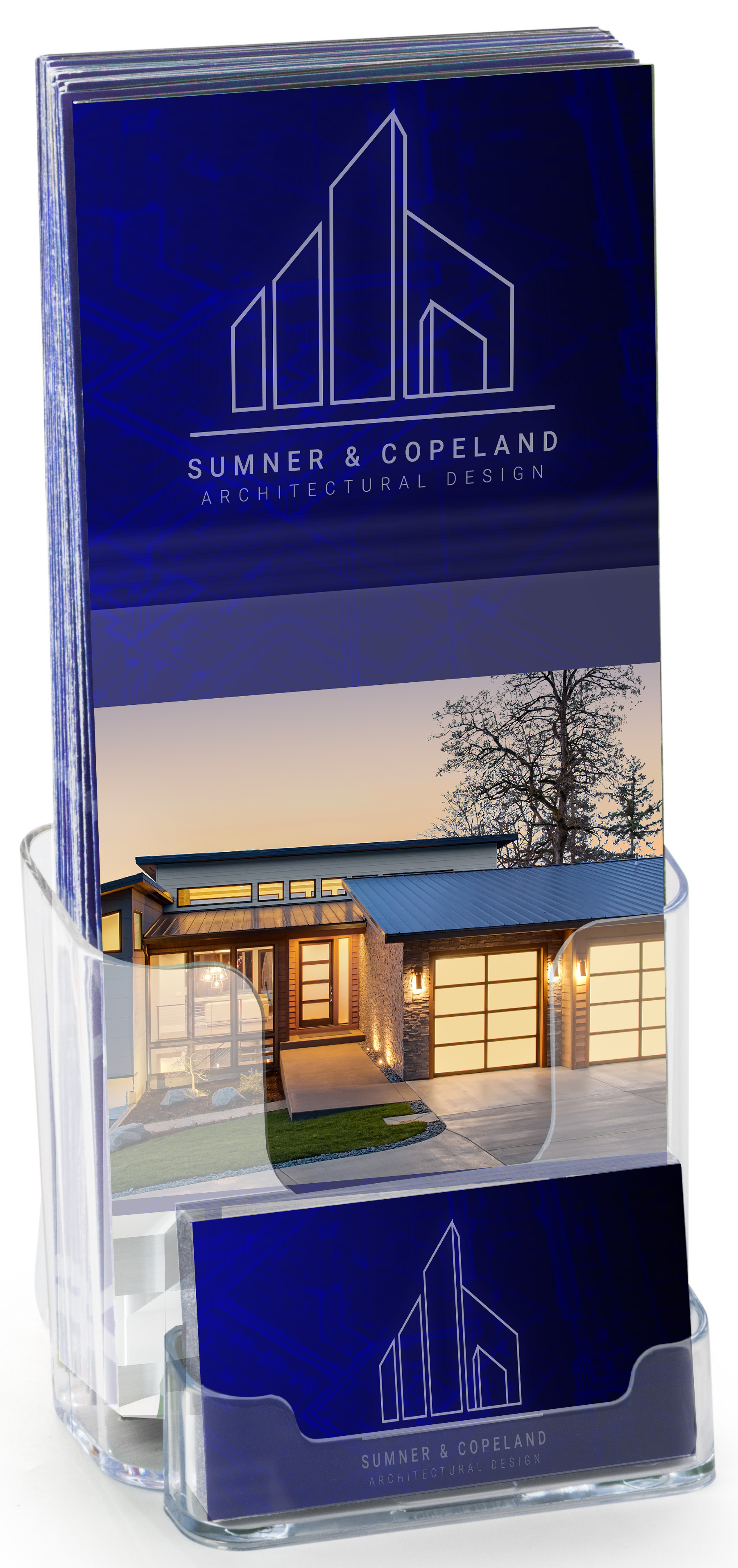Acrylic Brochure Holder, 4"w, Wall or Tabletop, Business Card Pocket - Clear