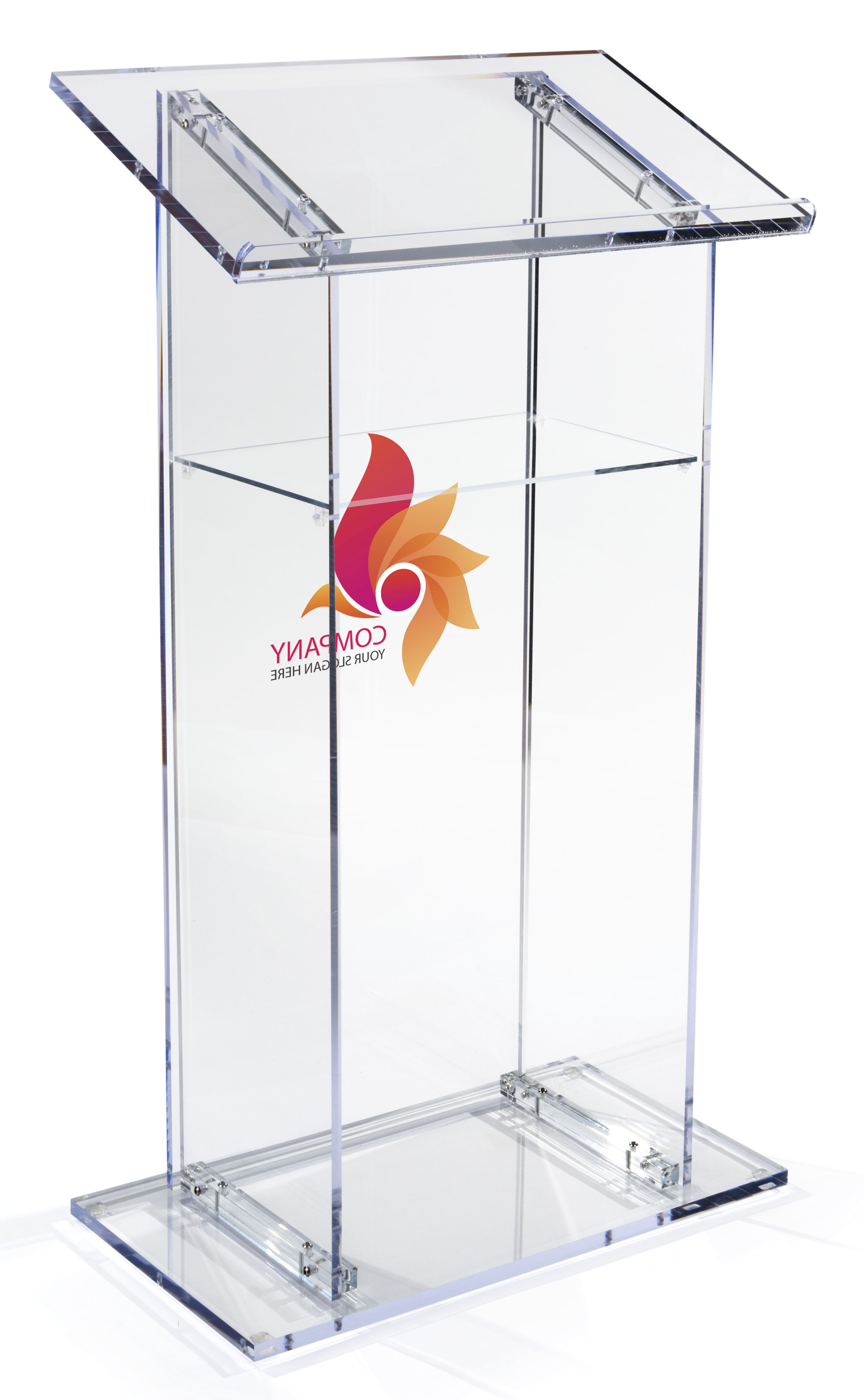 Acrylic Podium for Floor w/ Open Back and Shelf, Custom Printing - Multiple Finishes - Image 2
