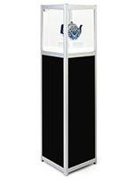 Illuminated panel display pedestal features a silver powder-coated finish