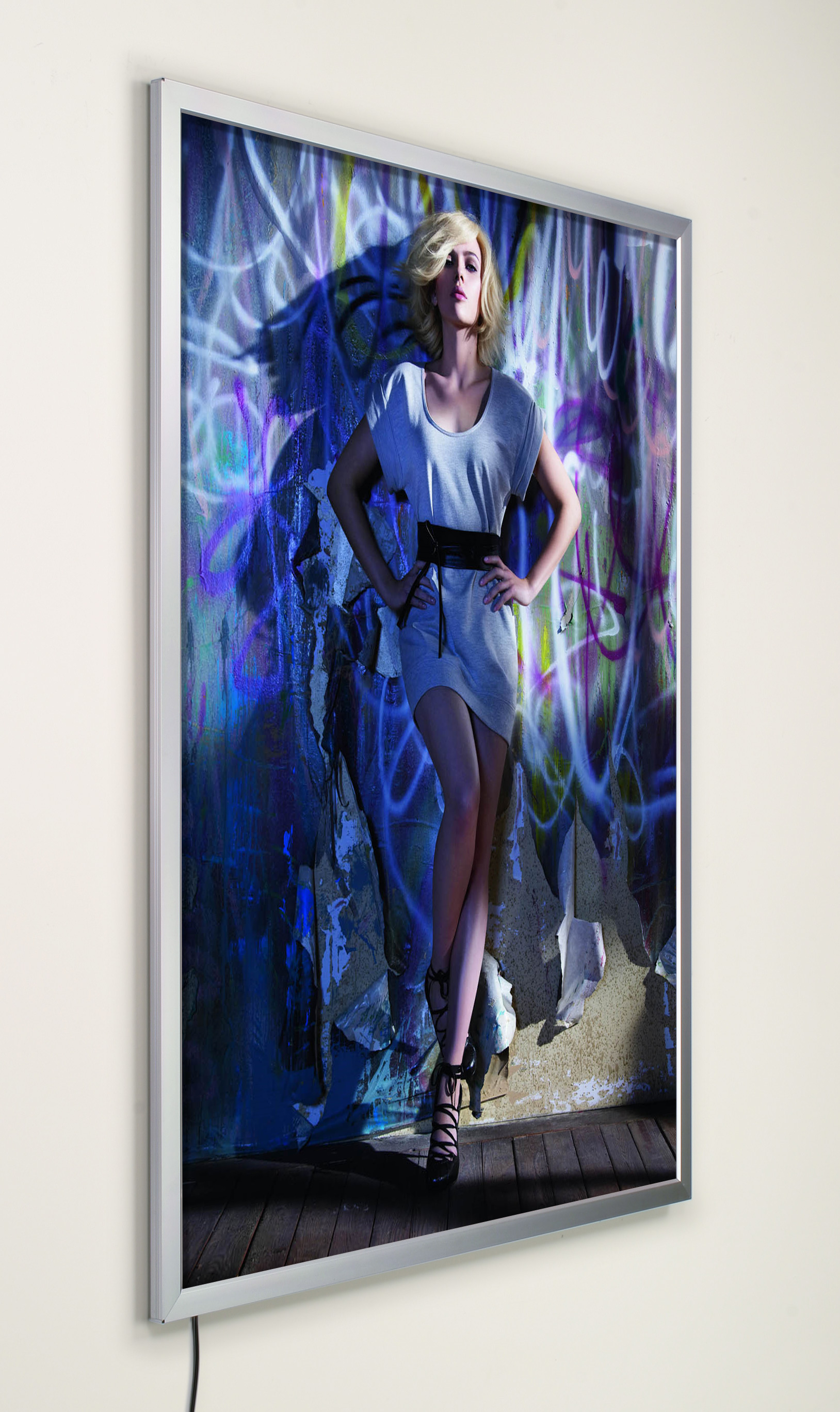 18" x 24" Wall Mounted Backlit Poster Frame, Snap Open, Illuminated - Silver 