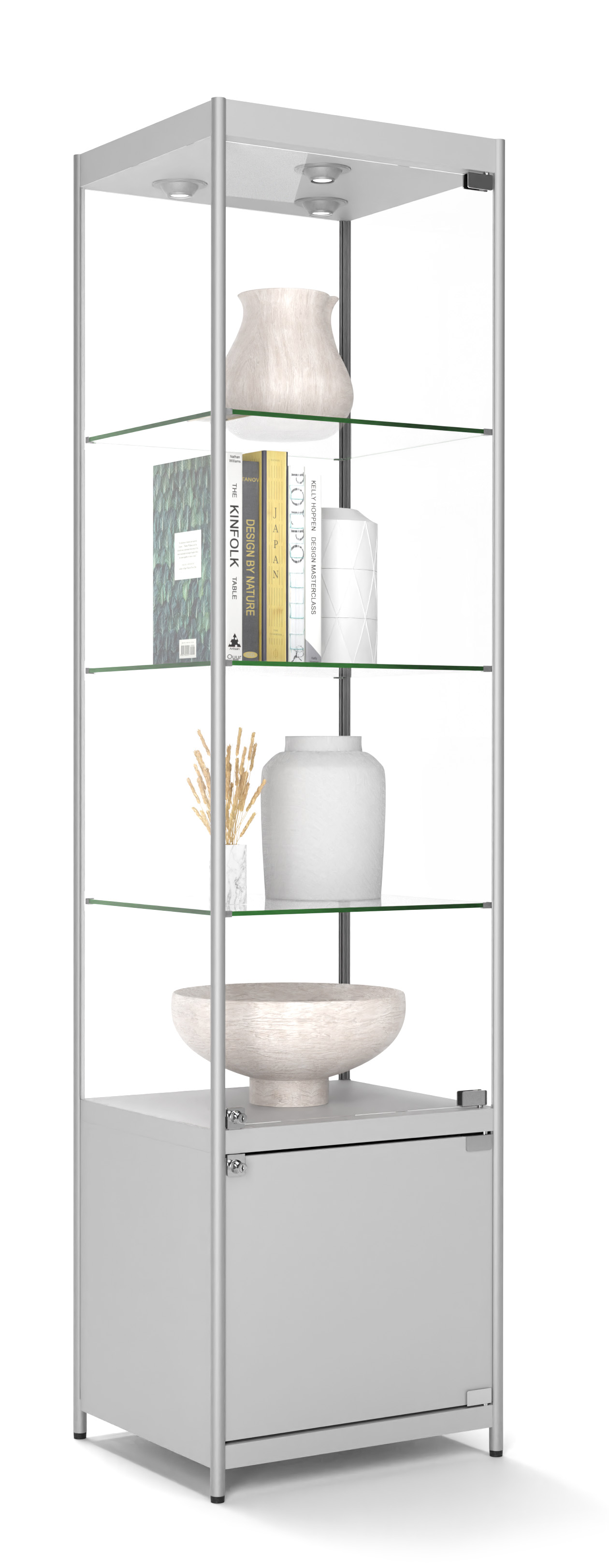 20” Glass Display Case w/ LED Lights & Cabinet, Fixed Shelves, Hinged Door - Silver - Image 6