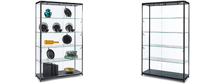 Displays2go 48 Inch Glass Display Case, Nine LED Lights, Four Shelves,  Lockable Hinged Doors - Black (LESC4816BK)