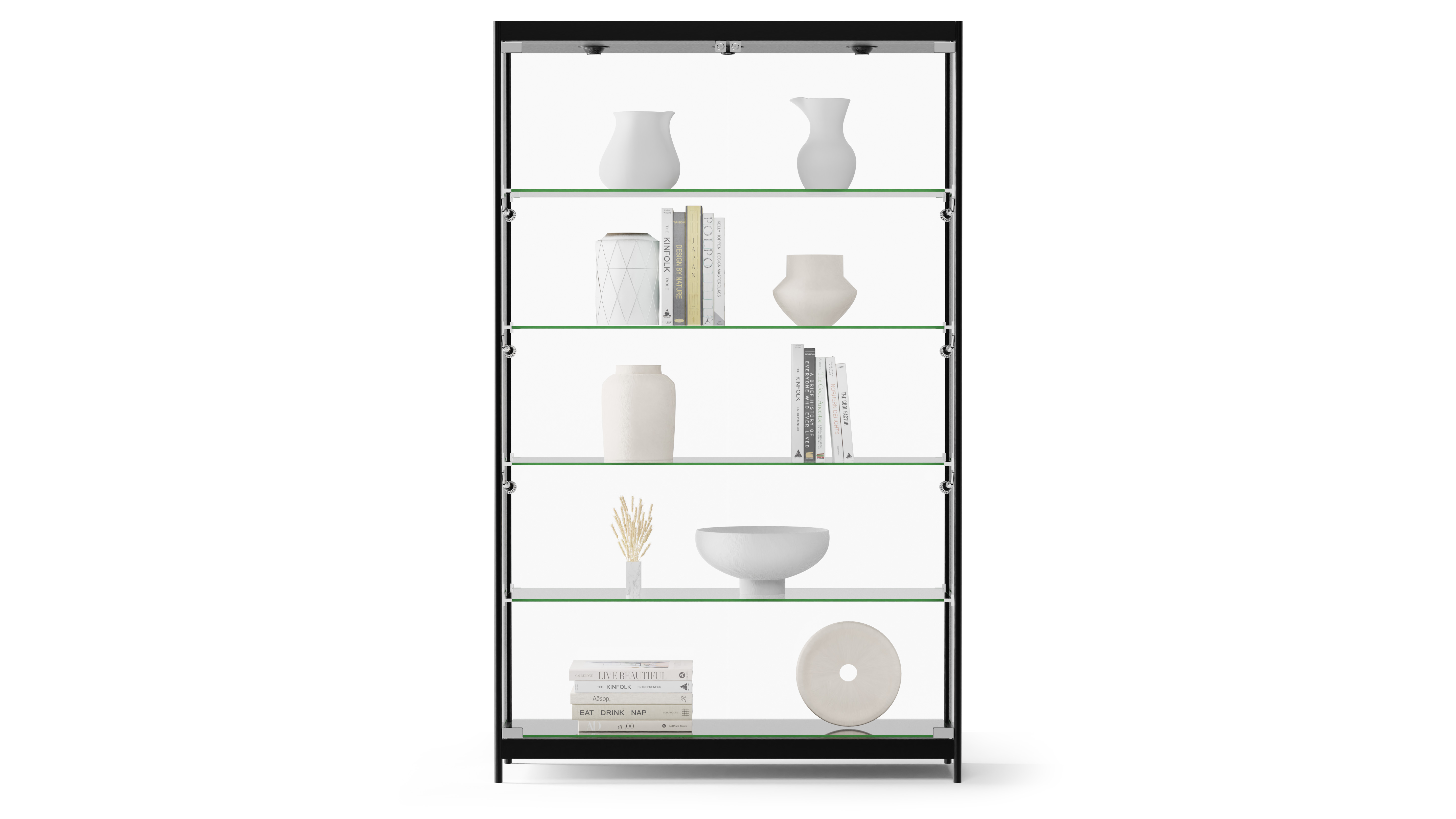 Displays2go 48 Inch Glass Display Case, Nine LED Lights, Four Shelves,  Lockable Hinged Doors - Black (LESC4816BK)