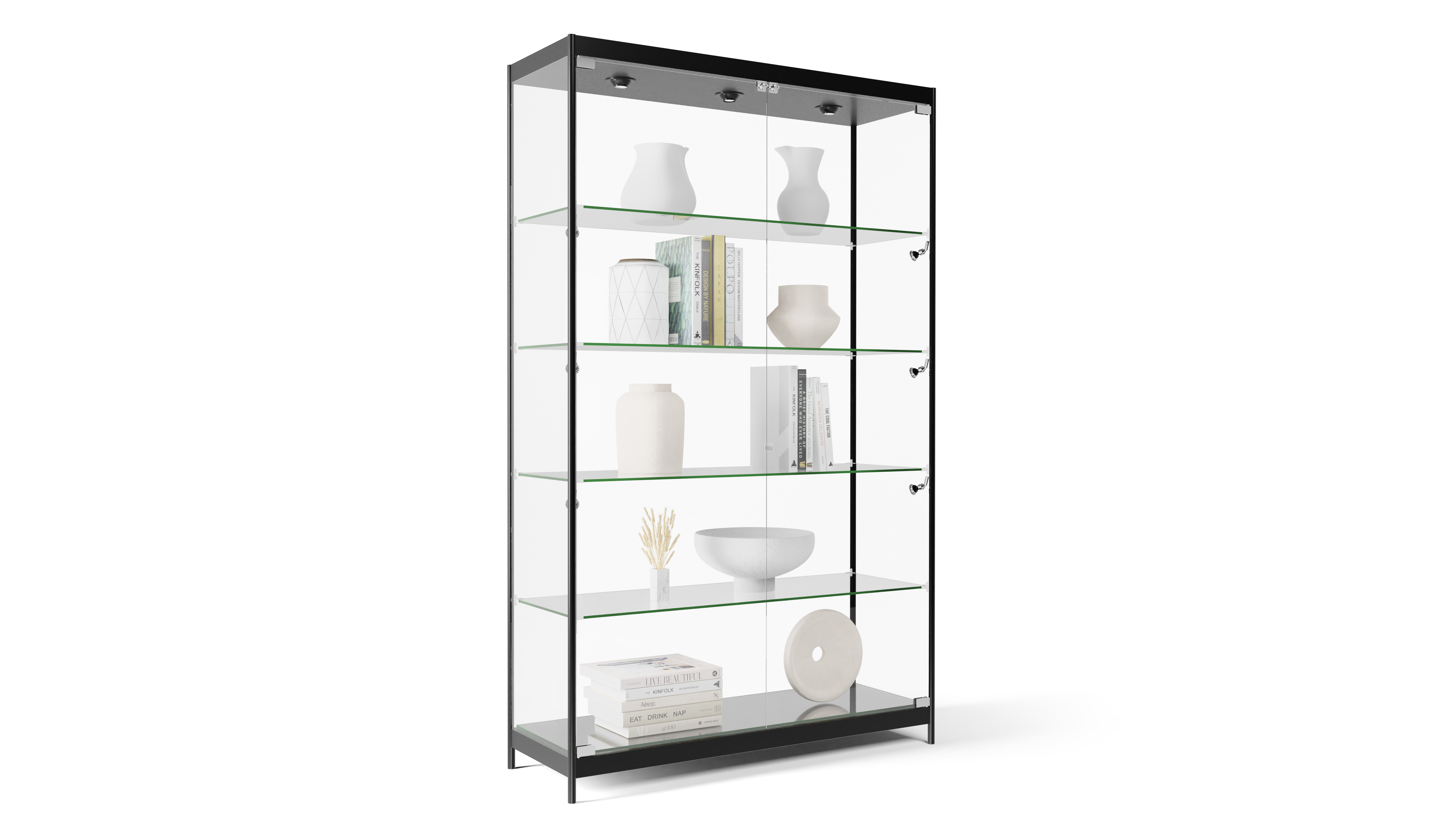 48” Display Case w/ 9 LED Top & Side Lights, 4 Fixed Shelves, Hinged Doors  - Black