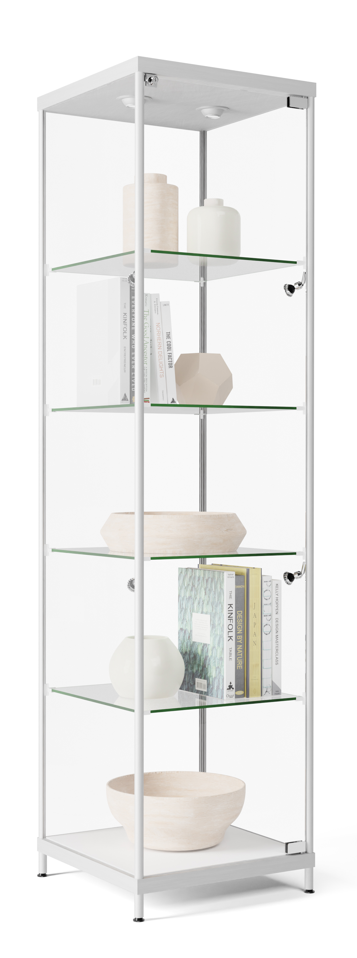 Displays2go Glass Tower Showcase, 5 Adjustable Shelves, Wheels, LED Light, Silver (153CPLEDSL