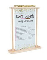 Large tabletop banner stand with custom graphic insert in wooden frame