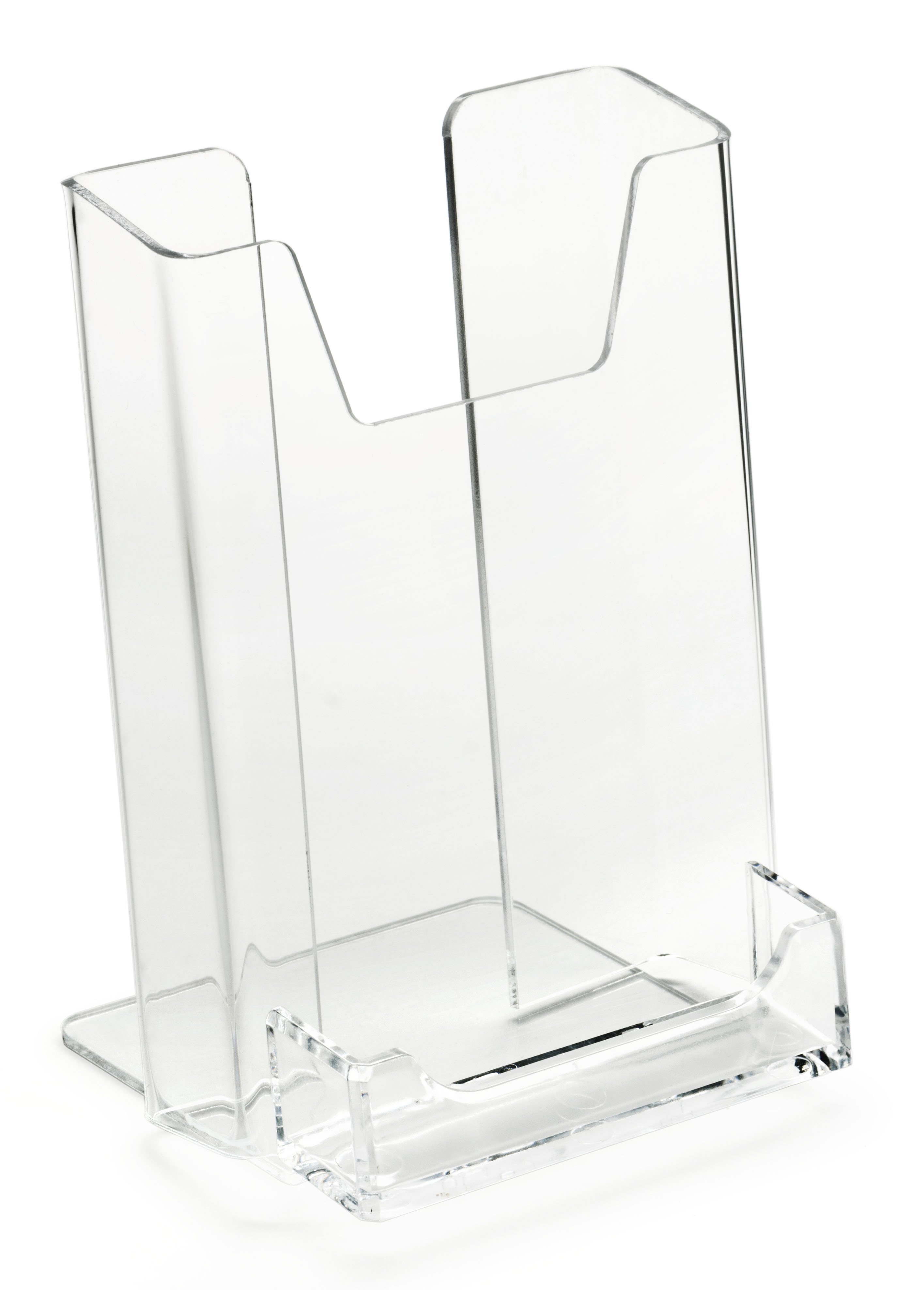 Acrylic Brochure Holder, 4"w, Tabletop, Business Card Pocket - Clear