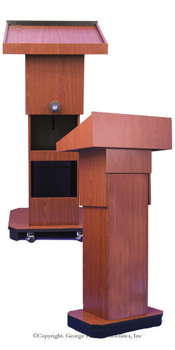 Adjustable Height Podium with Wheels | Medium Oak Finish