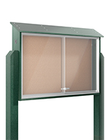 Outdoor bulletin board with posts with locking sliding doors