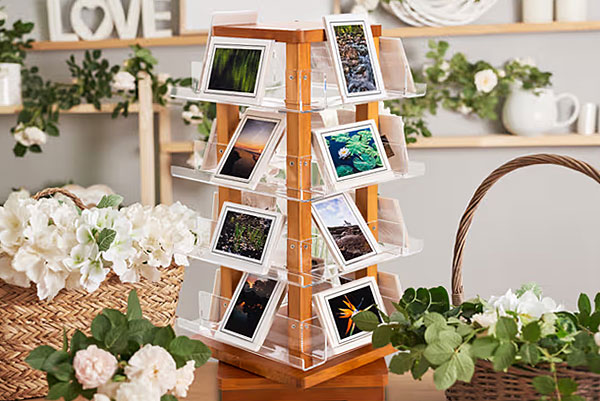 Countertop spinning display with printed cards