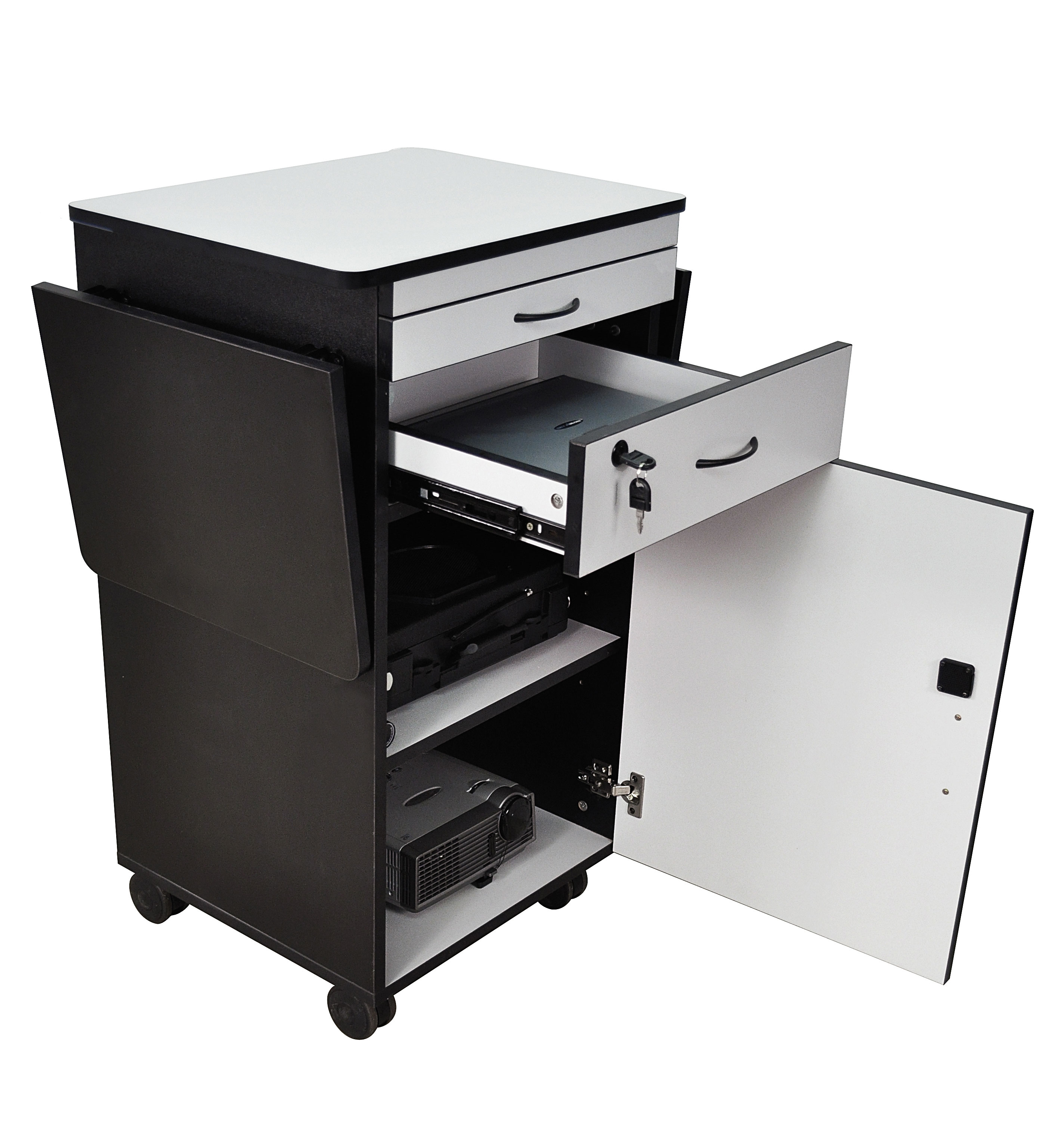 Media Cart with Locking Cabinet, Pull-Out Keyboard Tray, Locking Wheels - Black, Gray - Image 2