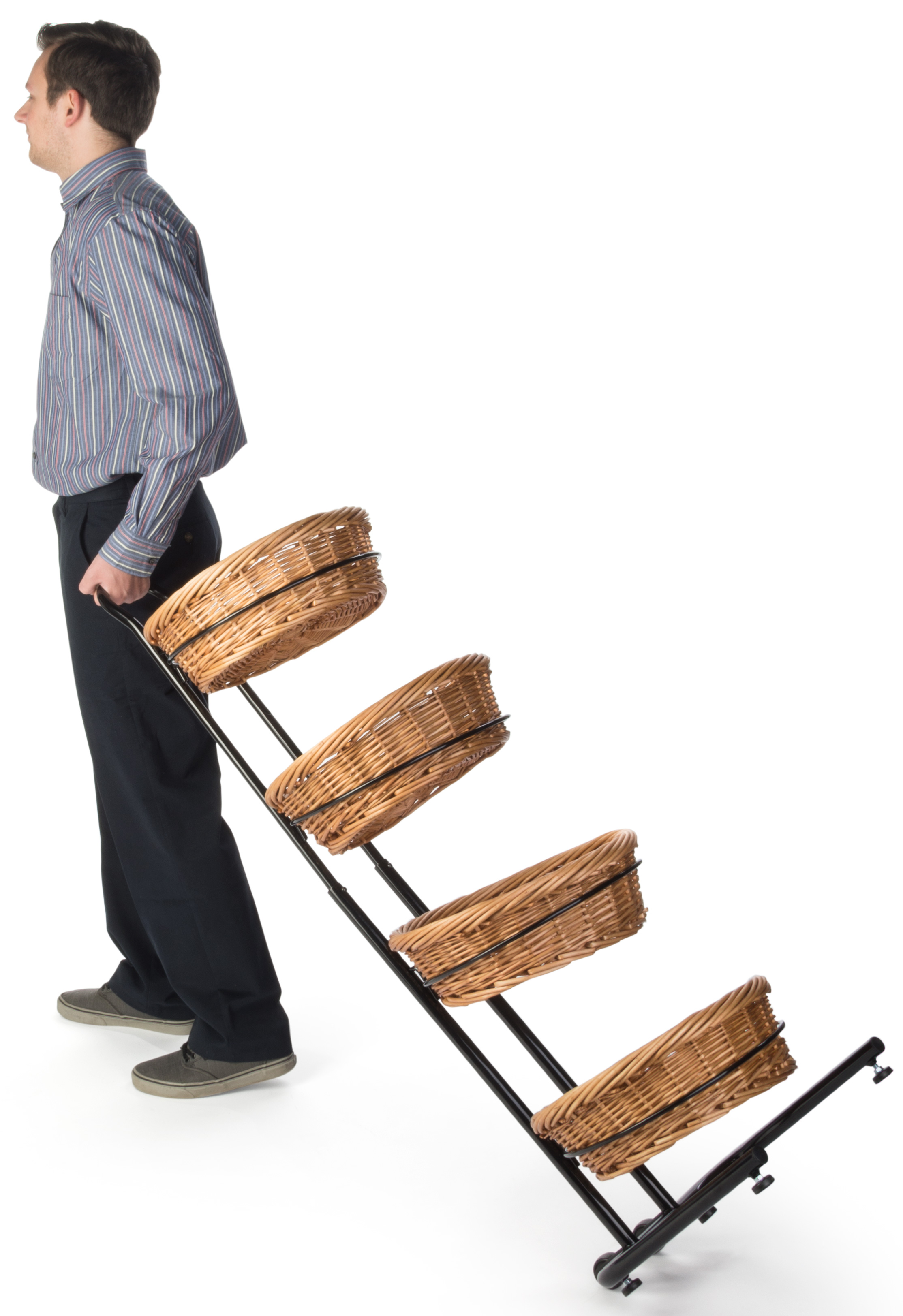 4 Tier Wicker Floorstanding Rack | Tilt and Roll Design | Displays2Go