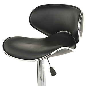 Closeup of a modern bar stool covered in black leatherette