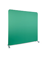 Angle from left of green screen backdrop with aluminum feet on wheels
