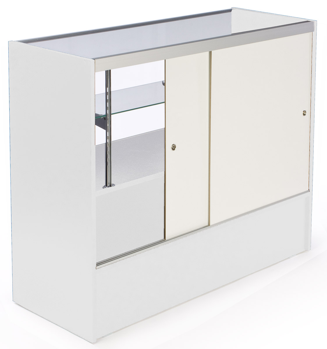 4’ Display Counter w/ White Finish, Adjustable Tempered Glass Shelf & Sliding Doors - Image 6