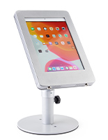 Silver adjustable countertop iPad stand with hidden home button