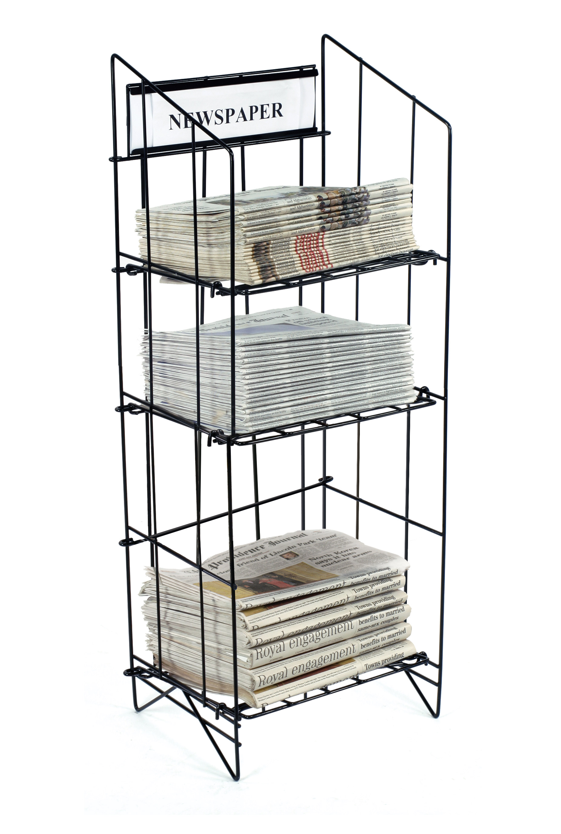 3-Tiered Wire Newspaper Rack for Floor, with Separate Header - Black