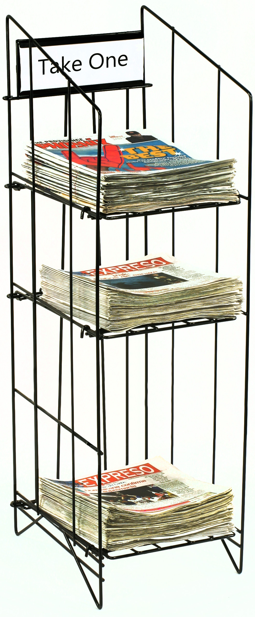 43-inch-tall Wire Newspaper Display Rack Stand with 3 Shelves, 15.75 x 13.5  - Black