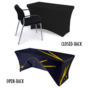 Open back and closed back business table covers for events